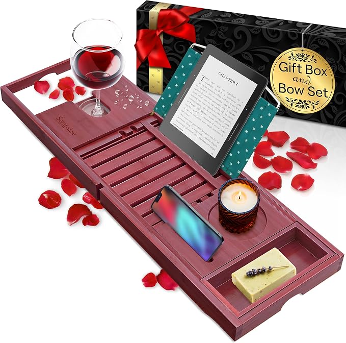 SereneLife Premium Bathtub Tray Caddy with Gift Box and Bow Set, Expandable Bath Tray, Unique House Warming Gifts for Mom, Women, Wedding, Anniversary, Bridal Shower, Fit for All Tub - Stain Brown
