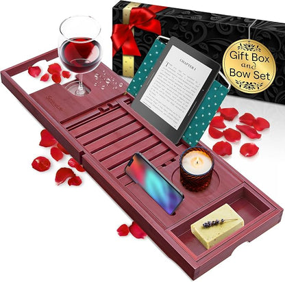 SereneLife Premium Bathtub Tray Caddy with Gift Box and Bow Set, Expandable Bath Tray, Unique House Warming Gifts for Mom, Women, Wedding, Anniversary, Bridal Shower, Fit for All Tub - Stain Brown