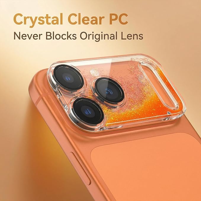 HANKN Quicksand Lens for iPhone 17 Pro Max Camera Lens Tempered Glass Protector, Ultra HD Clear 9H Hardness Anti-Scrach Dynamic Liquid Glitter Sand Cute Cover Strong Adsorption Case Friendly (Orange, iPhone 17 Pro Max)