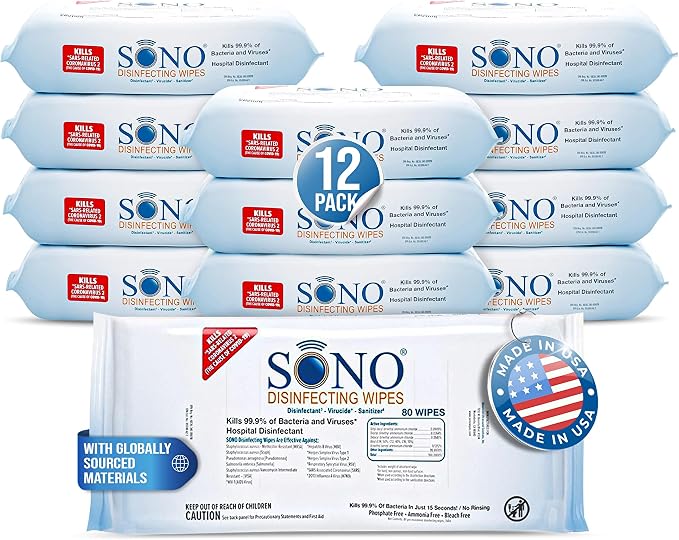SONO Disinfecting Wipes - Medical-Grade, Alcohol-Free, No Bleach - Multi-Surface Cleaning Wipes for Home, School, Pilates, Vet Office - 960 Count (Pack of 12)