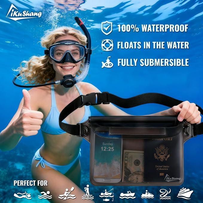 Waterproof Fanny Pack Phone Pouch - 32FT Submersible Triple Zip Lock Dry Bag, Touchscreen Passport Wallet Travel Pouch for Beach Cruise Swimming Kayaking Boating Essentials