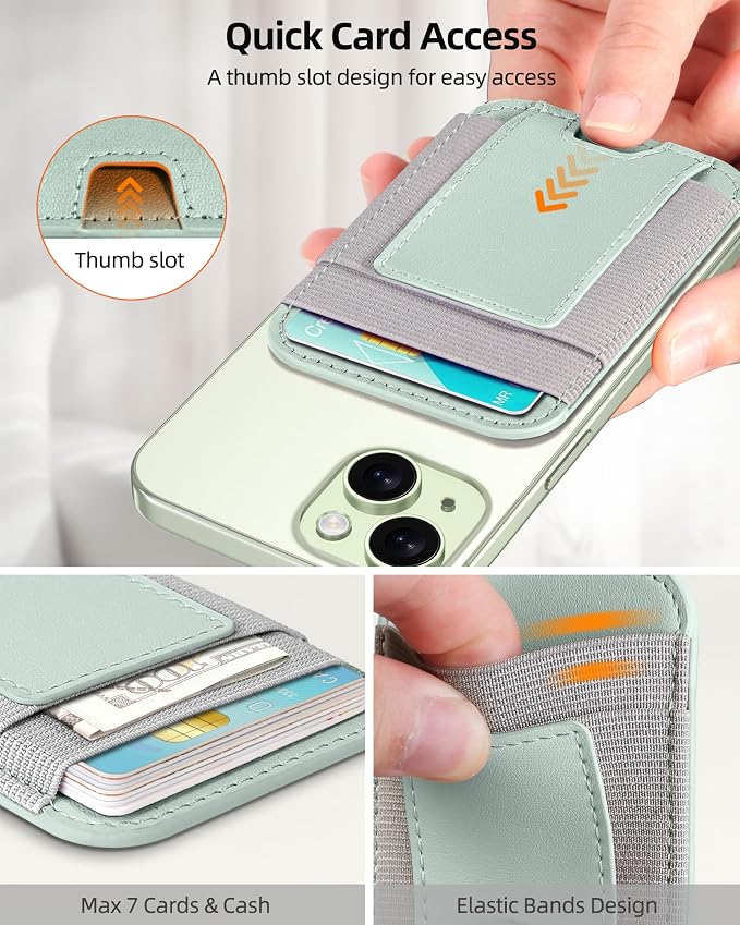 Upgraded for Magsafe Wallet, Strongest Magnetic Wallet, for iPhone Magsafe Walle t with 2 Card Slots, Magnetic Card Holder for iPhone 17/16/15/14/13/12 Series, Vegan Leather, Fit 7 Cards, Light Green