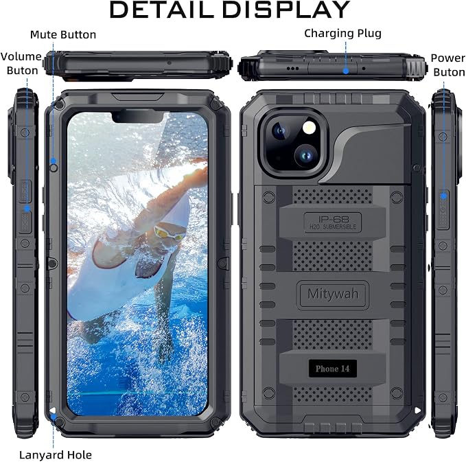 Mitywah Waterproof Case for iPhone 14, Heavy Duty Shockproof Case with Built-in Screen Protector, Full Body Underwater Protective Metal Case 6.1 inch, Black