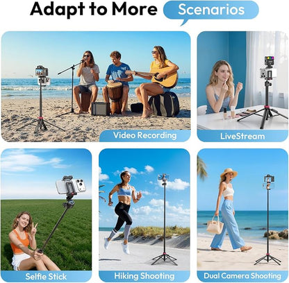 ULANZI MT-44B Phone Tripod, 59'' Auto Open Phone Stand with Dual Camera Set up, 360° Ball Head, Extendable Selfie Stick w Cold Shoe for Filming/Selfie in Vlog, Family Gatherings, Black