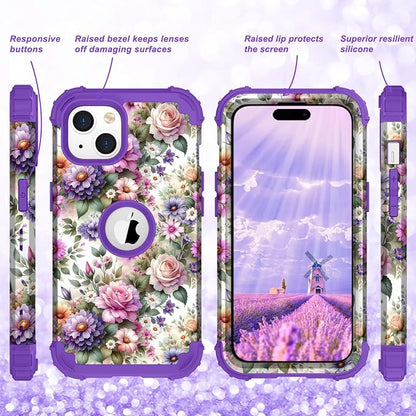 Hocase for iPhone 15 Plus Case, Heavy Duty Shockproof Protection Soft Silicone Rubber Bumper+Hard Plastic Hybrid Protective Case for iPhone 15 Plus 6.7" 2023 - Purple Pink Flowers
