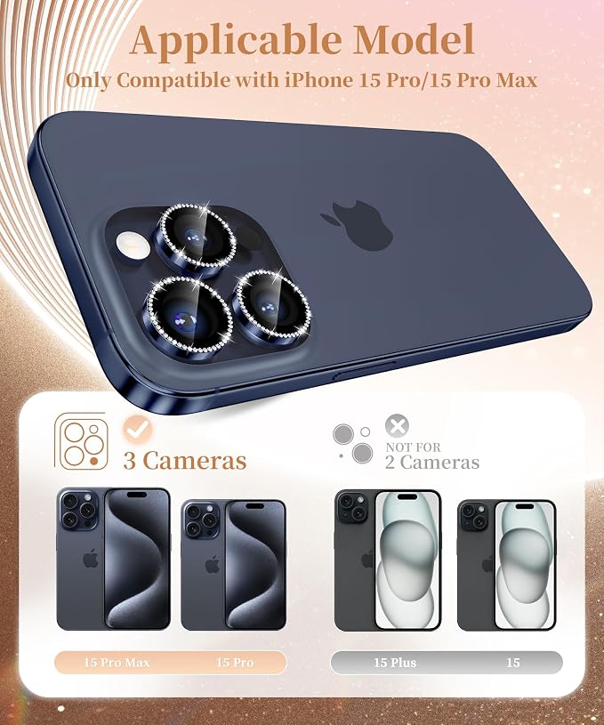 GolbinBox Camera Lens Protector for iPhone 15 Pro/15 Pro Max, 1:1 Invisible Fit, 9H Tempered Glass Ultra HD Metal Individual Camera Cover for Women, Case Friendly, Bling/Deep Blue