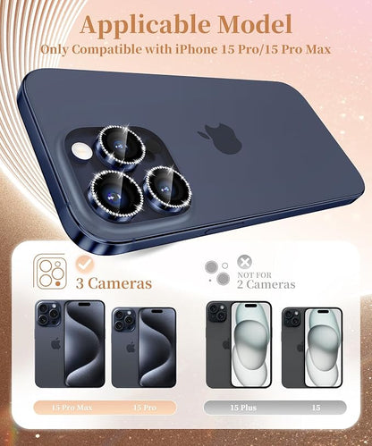 GolbinBox Camera Lens Protector for iPhone 15 Pro/15 Pro Max, 1:1 Invisible Fit, 9H Tempered Glass Ultra HD Metal Individual Camera Cover for Women, Case Friendly, Bling/Deep Blue