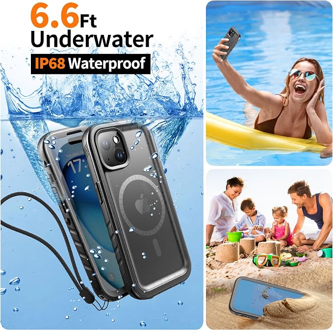Cozycase for iPhone 15 Waterproof Shockproof Dustproof Case [Compatible with MagSafe] - Heavy Duty/360 Full Body/Military Grade/Rugged Built in Screen/Camera Protector with Lanyard Black