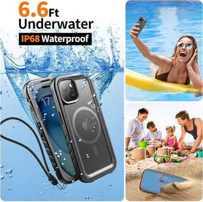 Cozycase for iPhone 15 Waterproof Shockproof Dustproof Case [Compatible with MagSafe] - Heavy Duty/360 Full Body/Military Grade/Rugged Built in Screen/Camera Protector with Lanyard Black