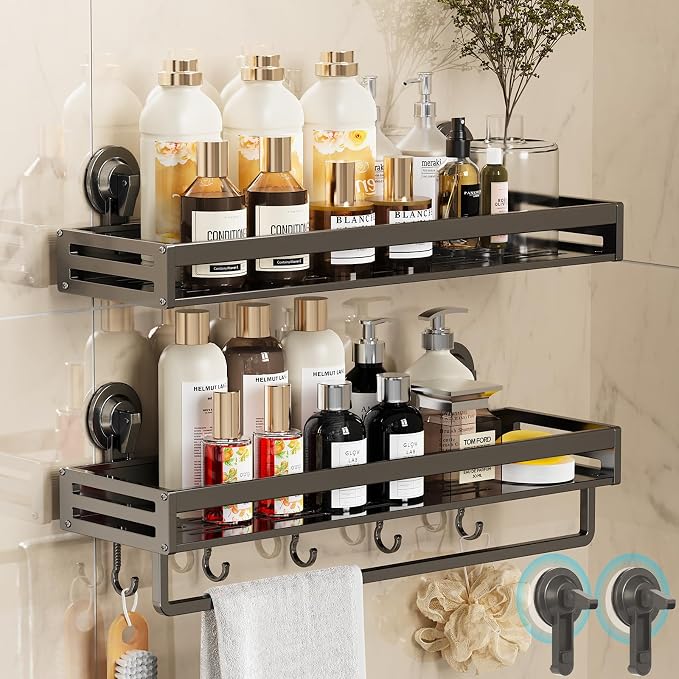 Shower Caddy Suction Cup, 15.7 inch 2 Pack Suction Shower Shelf with Hooks NO-Drilling Bathroom Holder, Rustproof Bathroom Organizer, Includes 2 Extra Suction Cups, Dark Grey