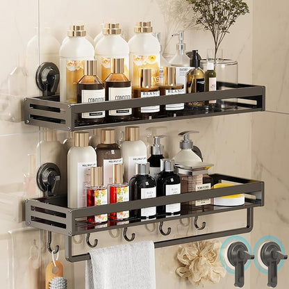 Shower Caddy Suction Cup, 15.7 inch 2 Pack Suction Shower Shelf with Hooks NO-Drilling Bathroom Holder, Rustproof Bathroom Organizer, Includes 2 Extra Suction Cups, Dark Grey