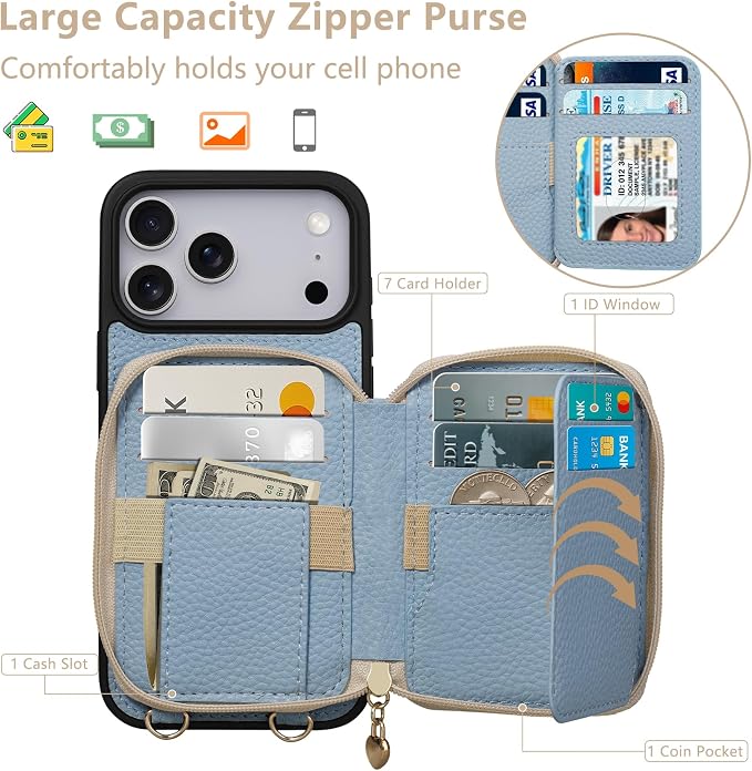 Keallce Case for iPhone 17 Pro Max 6.9'' Case Wallet, Crossbody Zipper Purse with RFID Blocking Card Slots Kickstand, Lanyard & Handstrap Flip Folio Leather Phone Cover for iPhone 17 Pro Max, Blue