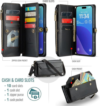Strapurs Wallet Case Compatible with iPhone 16 Pro 6.3" RFID Blocking 10-Card Holder Soft PU Leather Magnetic Snap Shoulder Strap Zipper Pocket Phone Case Fit for iPhone 16 Pro for Women - Black