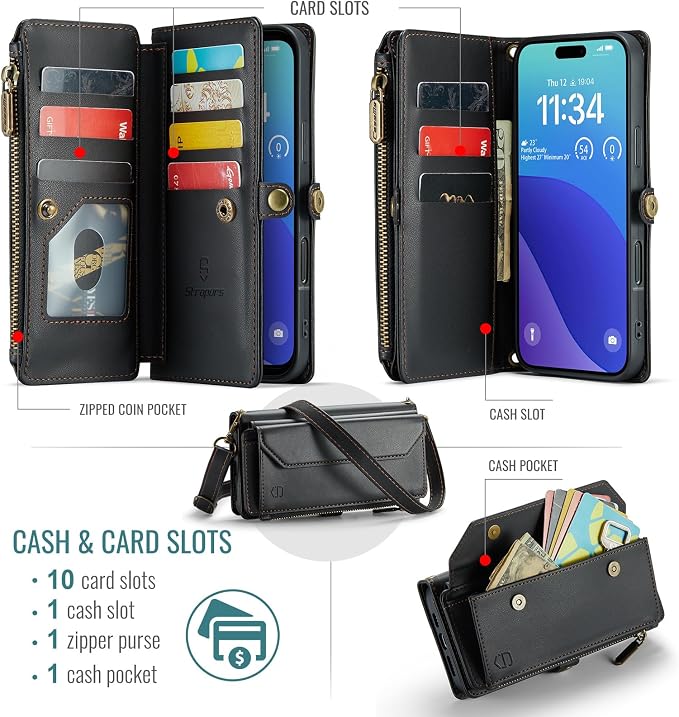 Strapurs Wallet Case Compatible with iPhone 16 Pro Max 6.9" RFID Blocking 10-Card Holder Soft PU Leather Magnetic Snap Shoulder Strap Zipper Pocket Phone Case Fit for iPhone 16 Pro Max - Black
