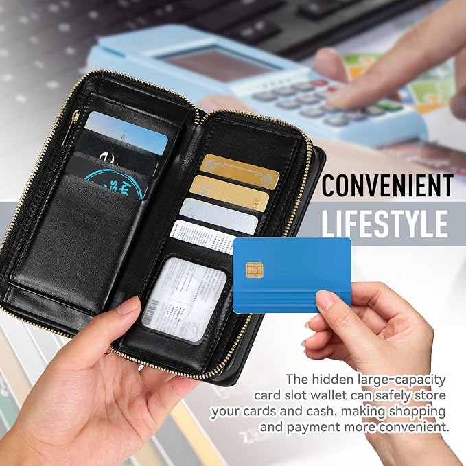 Rssviss Crossbody Case for iPhone 16 Pro, RFID Blocking Leather Case Wallet with Kickstand, Zipper Flip Cover with Wrist Strap, Black