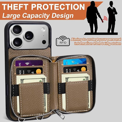XANGNIER Wallet Case for iPhone 17 Pro Max with Strap, RFID Blocking PU Leather Crossbody Phone Purse with Card Holder, Zipper Pocket, Wrist Strap & Adjustable Lanyard for Women 6.9" 5G,Brown