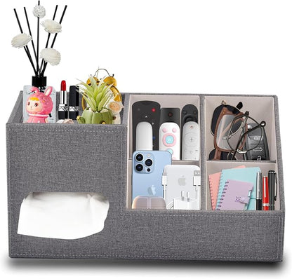 Plus Size Tissue Box Cover-Square Linen Tissue Cover with Side Storage and Tray,Modern Makeup Organizer,Leather Tissue Holder Decorative Cube Organizer for Living Room Vanity NightStand Office,Grey