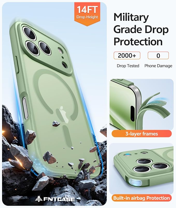 FNTCASE for iPhone 17 Pro Max Case: [Compatible with Magsafe] Translucent Matte Cases with [Full Camera Protection] [Screen Protector] Military Grade Shockproof Protective Phone Cover - Light Moss