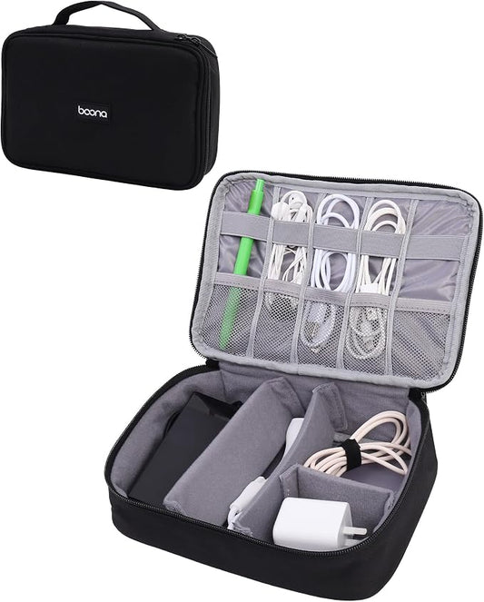 Waterproof Electronics Accessories Organizer Case - Double Layer Cable Organizer Bag for Travel, Chargers, Cords, Digital Device Storage - Black