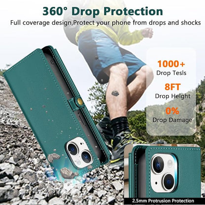 Wallet Case for iPhone 15 with Card Holder/Crossbody Wallet/Strap| RFID Blocking | Magnetic | Kickstand | Detachable | PU Leather Phone Case for iPhone 15,6.1 in,Green