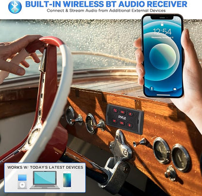 Pyle PLMRBTSQ1 Bluetooth Car Radio, Waterproof Marine Receiver, USB & AUX Inputs, IPX6 Rated, Universal Mounting, Includes 3.5mm Cable, Wireless Range 30ft