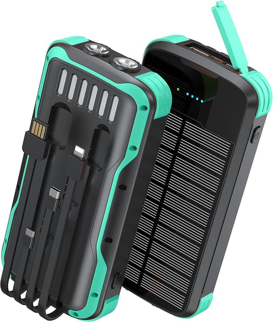 Solar Charger Power Bank, PD 20W Fast Charging External Batter, 40000mAh Portable Phone Charger Built in 4 Cables with Dual Bright Flashlights for Camping, Hiking, and Outdoor Use（Green）