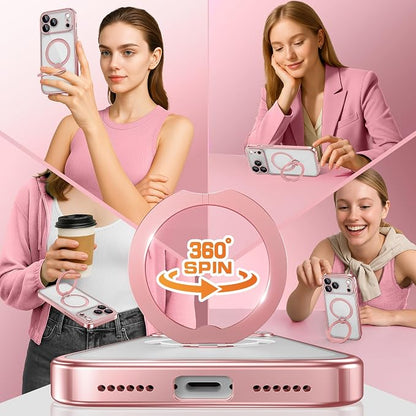 GolbinBox for iPhone 17 Pro Max Case with 360° Spin Magnetic Stand,[Compatible with Magsafe] [Military Protection][Built-in Ring Holder] Camera Control Phone Case for 17 Pro Max,Pink/Clear