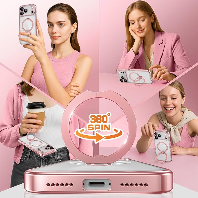 GolbinBox for iPhone 17 Pro Case with 360° Spin Magnetic Stand,[Compatible with Magsafe] [Military Protection][Built-in Ring Holder] Camera Control Phone Case for 17 Pro,Pink/Clear