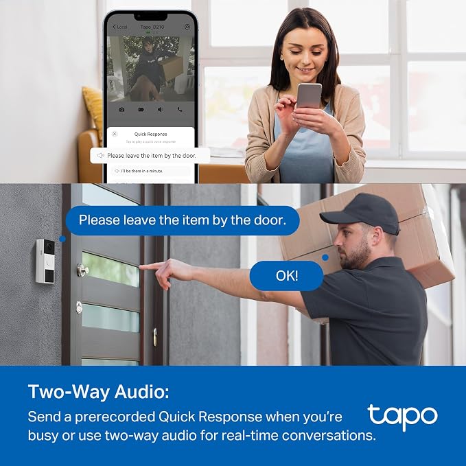 Tapo 2K Wireless Smart Video Doorbell with Chime - 160° Ultra-Wide View,Person Detection, Ring Call, 2-Way Audio, Subscription-Free Local Storage/Optional Cloud, Motion Only Alert, D210