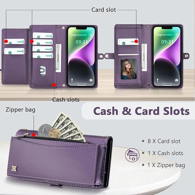 Wallet Case for iPhone 14 with Card Holder/Crossbody Wallet/Strap| RFID Blocking | Magnetic | Kickstand | Detachable | PU Leather Phone Case for iPhone 14,6.1 in,Purple