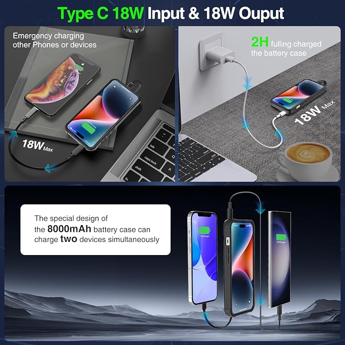 GIN FOXI Battery Case for iPhone 15/15 Pro, Rechargeable Charing Cases 7000mAh Portable Juice Box Fast Charger Cover Battery Pack for iPhone 15/15 Pro Built-in Cable, Black