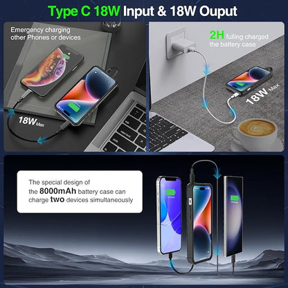 GIN FOXI Battery Case for iPhone 15/15 Pro, Rechargeable Charing Cases 7000mAh Portable Juice Box Fast Charger Cover Battery Pack for iPhone 15/15 Pro Built-in Cable, Black