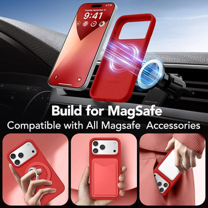 GONEZ Magnetic for iPhone 17 Pro Case, Compatible with MagSafe, [Screen Protector + Camera Lens Protector], Liquid Silicone Anti-Scratch Shockproof Protective Phone Case 6.3 inch, Red