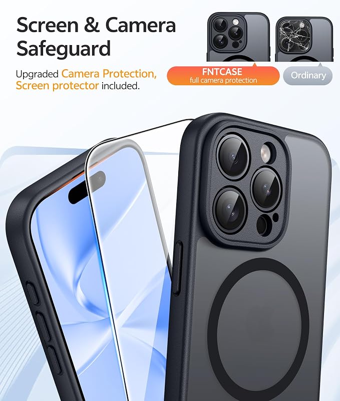 FNTCASE for iPhone 15 Pro Max Case: [Compatible with Magsafe] Translucent Matte Cases with [Full Camera Protection] [Screen Protector] Military Grade Shockproof Protective Phone Cover - Black