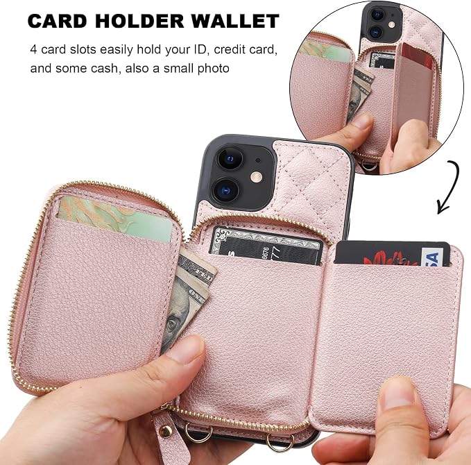 Bocasal Crossbody Wallet Case for iPhone 12/12 Pro, RFID Blocking PU Leather Zipper Handbag Purse Flip Cover, Kickstand Folio Case with Card Slots Holder Wrist Strap Lanyard 5G 6.1 Inch (Rose Gold)