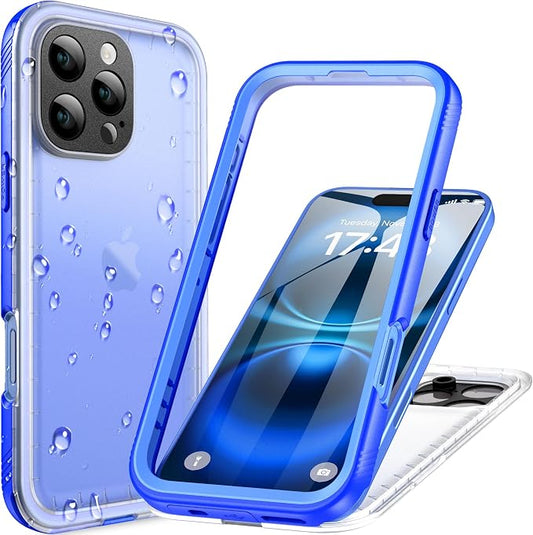 Cozycase for iPhone 16 Pro Case Waterproof - 360 Heavy Duty with Screen/Camera Protector Shockproof IP68 Underwater Dustproof Water Dust Shock Proof Full Body/Front and Back Case Blue/Frosted Clear