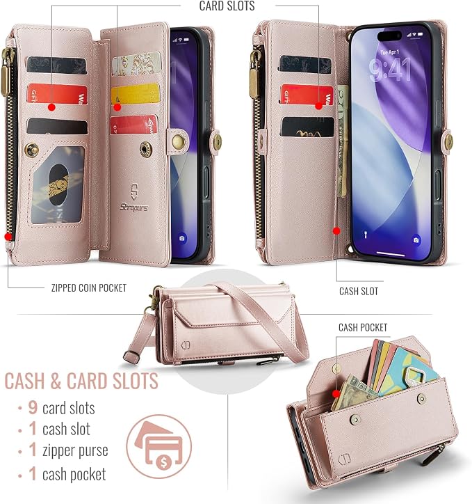 Strapurs Wallet Case Compatible with iPhone 17 Pro 6.3" RFID Blocking 9-Card Holder Soft PU Leather Magnetic Snap Shoulder Strap Zipper Pocket Phone Case Fit for iPhone 17 Pro for Women - Rose Gold