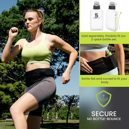 StashBandz Adjustable Running Belt - 3 Zippered Pockets + Water Bottle Holder, No-Bounce Travel Money Belt, Sports Fanny Pack, Waist Pack with Key Clip, Fits Any Size Phone, Passport & More