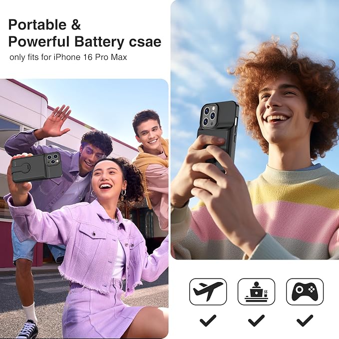 GIN FOXI Battery Case for iPhone 16 Pro Max,Charging Case with Stand, 8500mAh Rechargeable Ultra-Slim Anti-Fall Protection Extended Battery Pack Juice Box for iPhone 16 Pro Max 6.9" Black