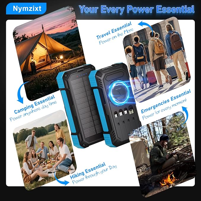 Solar Power Bank 49800mAh Portable Wireless Charger with USB-C 22.5W Fast Charging Built in 4 Cables Compatible with iPhone, iPad, Bright LED Flashlight Perfect for Camping (Blue)