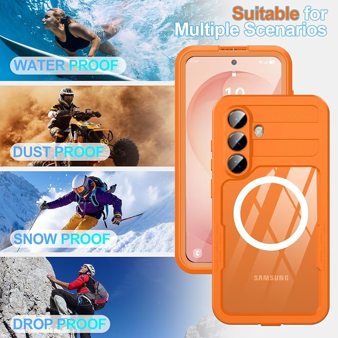 GOLDJU for Samsung Galaxy S26 Plus Case Waterproof, S26 Plus Case with Built-in Screen & Lens Protector, Shockproof Full Body Protection Phone Case, Compatible with MagSafe/Wireless Charging, Orange