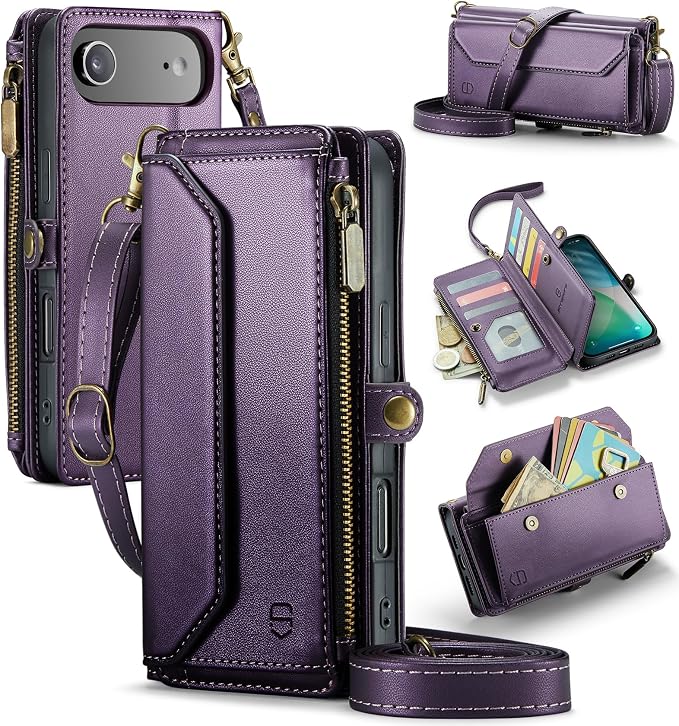 Strapurs Wallet Case Compatible with iPhone Air 6.5" RFID Blocking 10-Card Holder Soft PU Leather Magnetic Snap Shoulder Strap Zipper Pocket Phone Case Fit for iPhone 17 Air for Women - Purple