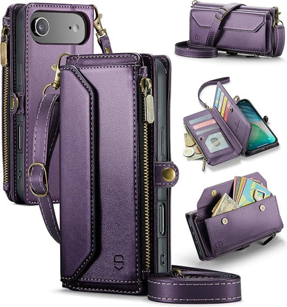 Strapurs Wallet Case Compatible with iPhone Air 6.5" RFID Blocking 10-Card Holder Soft PU Leather Magnetic Snap Shoulder Strap Zipper Pocket Phone Case Fit for iPhone 17 Air for Women - Purple