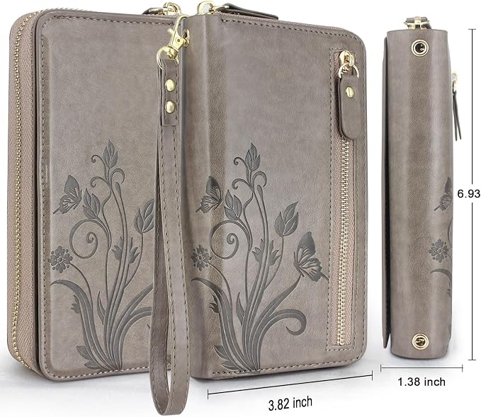Lacass for iPhone 16 Pro Max 6.9 inch 2024 Wallet Case, Crossbody Dual Zipper Detachable Magnetic Leather Wallet Case Cover Wristlets Wrist Strap 13 Card Slots Money Pocket (Floral Gray)