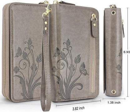 Lacass for iPhone 16 Pro Max 6.9 inch 2024 Wallet Case, Crossbody Dual Zipper Detachable Magnetic Leather Wallet Case Cover Wristlets Wrist Strap 13 Card Slots Money Pocket (Floral Gray)
