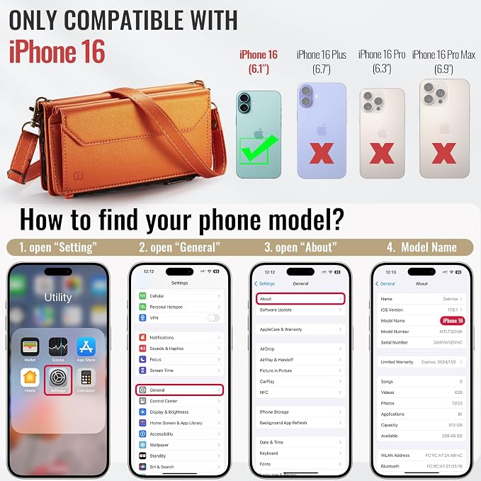 Strapurs Wallet Case Compatible with iPhone 16 6.1" RFID Blocking 7-Card Holder Soft PU Leather Magnetic Snap Shoulder Strap Zipper Pocket Phone Case Fit for iPhone 16 for Women - Orange