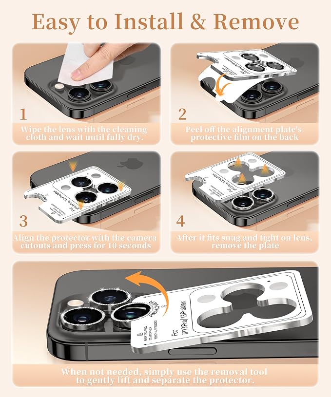 GolbinBox Camera Lens Protector for iPhone 13 Pro/13 Pro Max, 1:1 Invisible Fit, 9H Tempered Glass Ultra HD Metal Individual Camera Cover for Women, Case Friendly, Bling/Black