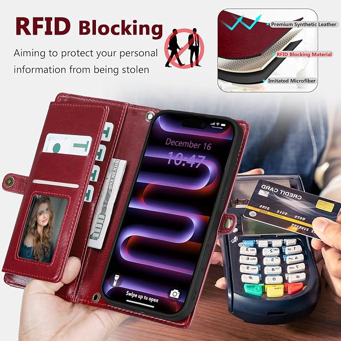 Wallet Case for iPhone 16 Pro Max with Card Holder/Crossbody Wallet/Strap| RFID Blocking | Magnetic | Kickstand | Detachable | PU Leather Phone Case for iPhone 16 Pro Max,6.9 in,Wine Red