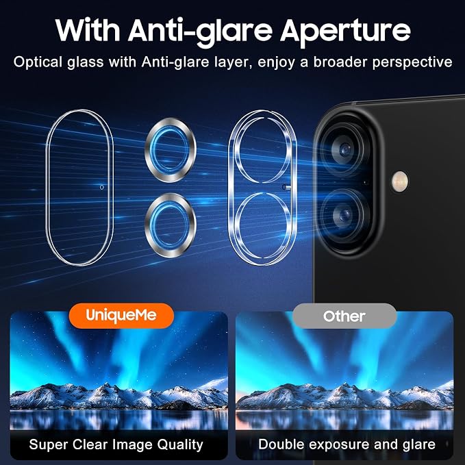 UniqueMe for 3 Pack iPhone 16 / iPhone 16 Plus/iPhone 17 Camera Lens Protector - [Drop Protection] [Case Friendly] 9H Tempered Glass Camera Cover Screen [Update New Version] - Silver