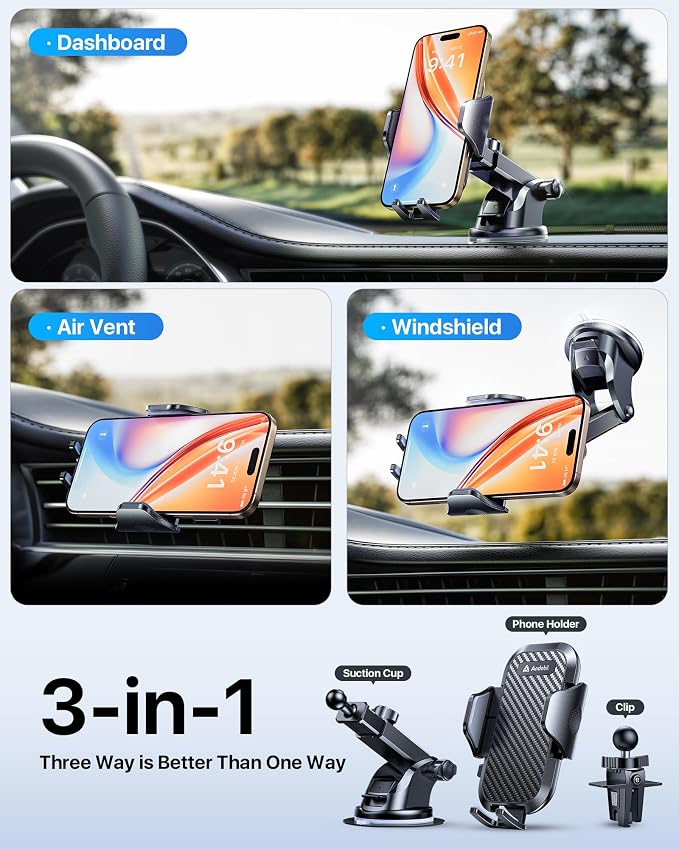 andobil Car Phone Holder Mount (Bumpy Roads Friendly) Military-Grade Phone Holders for Your Car Dashboard Windshield Air Vent Cell Phone Car Mount for iPhone 16 Pro Max 15 14 13, Samsung Silver